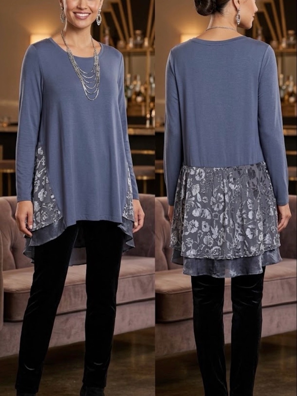 Logo Lori Goldstein Women’s Slate Blue Layered Tunic Top with Floral Lace Back